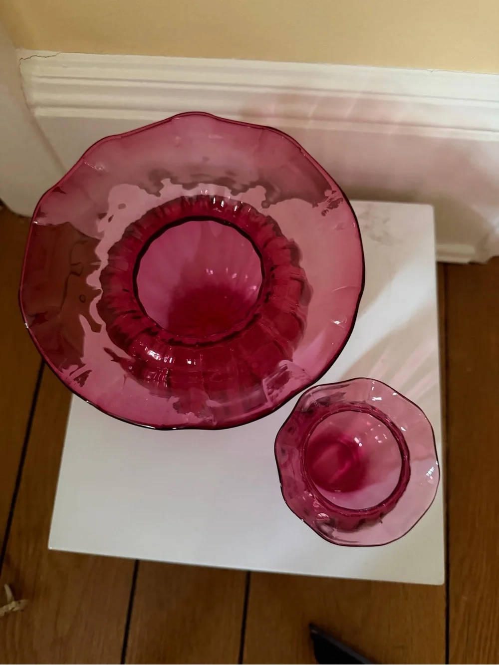 Vintage Cranberry clear glass vases w fluted details. Set of 2